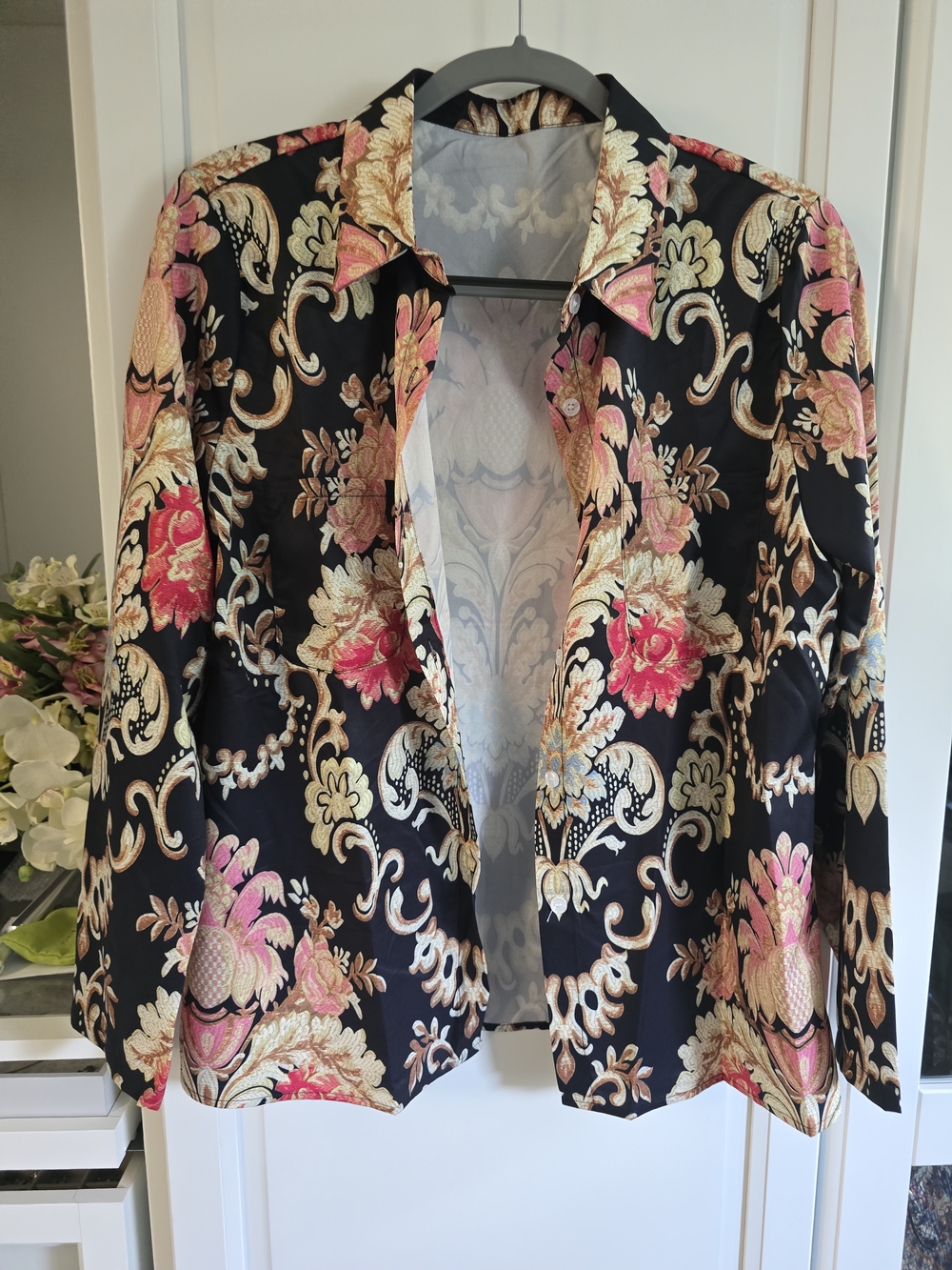 Womens Black Floral Brocade Jacket with Pink & Gold Accents
